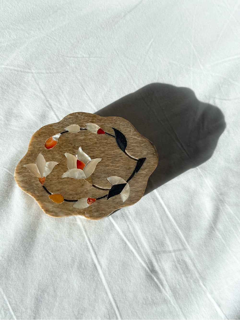 Vintage Handcarved Soapstone Trinket Box with Flower Inlays